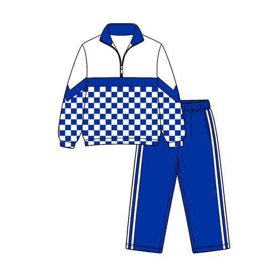 Preorder (moq 5)Baby Boys Hot Blue Checked Zip Pullover Top Pant Team Clothes Sets
