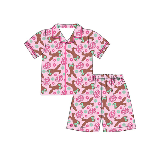 Preorder (moq 5)Baby Girls Rabbits Eggs Flowers Button Top Shorts Easter Pajamas Sets