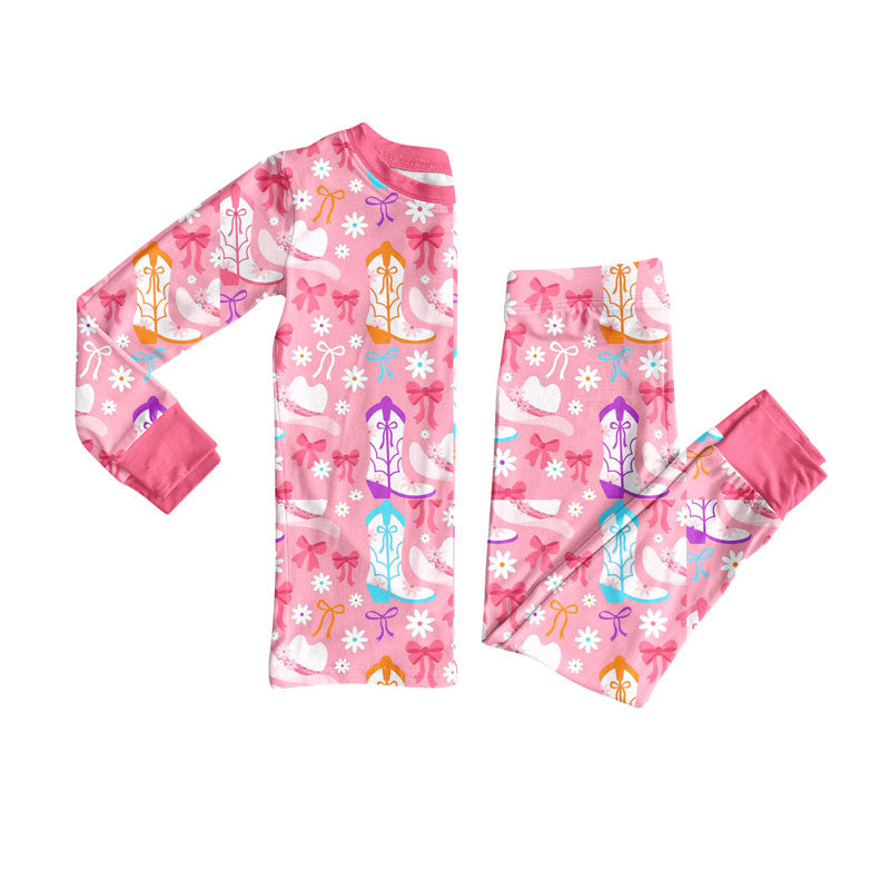 Preorder(moq 8)Baby Girls Pink Boots Flowers Bows Top Pants Pajamas Sets
