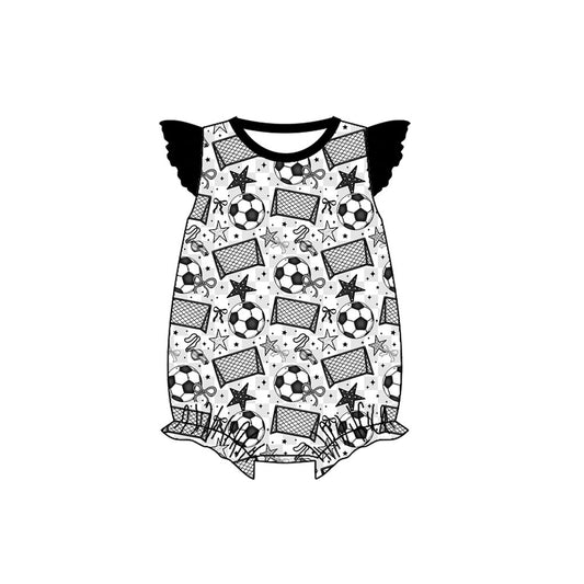 Preorder (moq 5)Baby Girls Flutter Sleeve Footballs Stars Team Ruffle Rompers