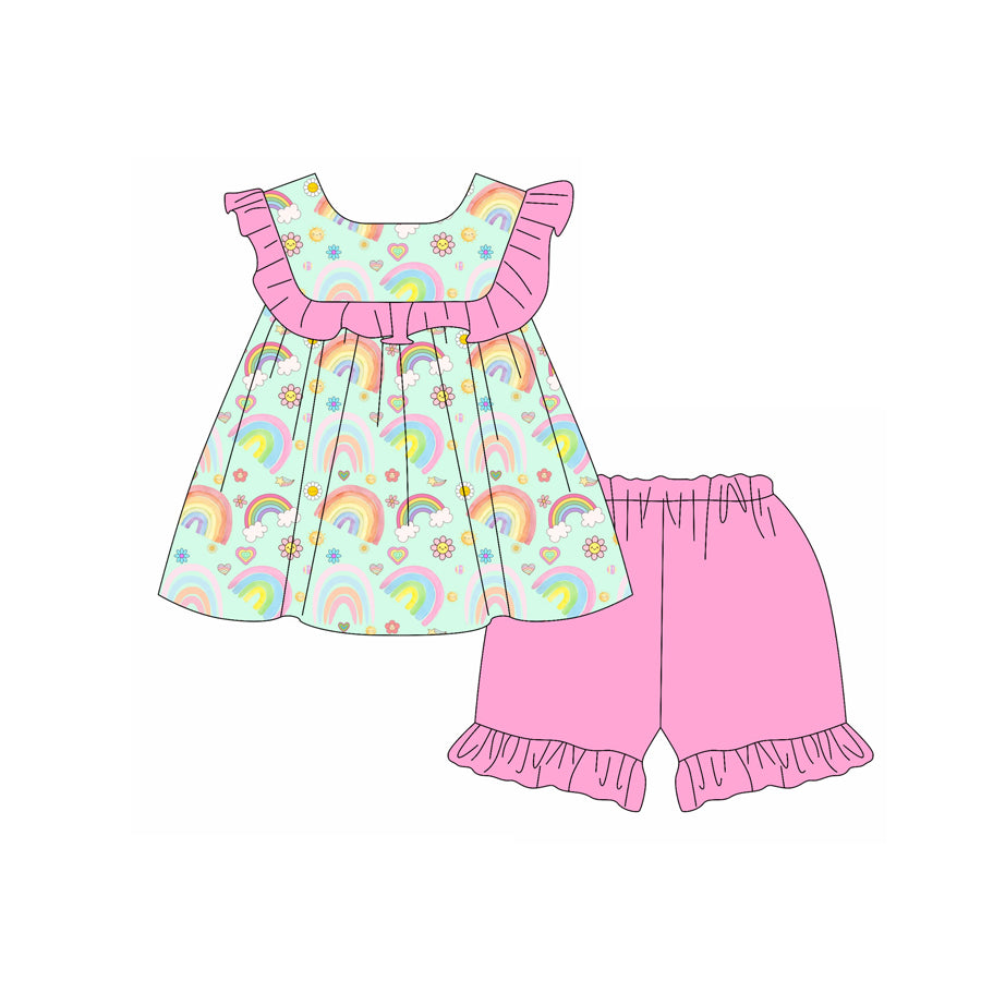 Preorder (moq 5)Baby Girls Rainbow Flower Hearts Tunic Ruffle Shorts Valentines Clothes Sets