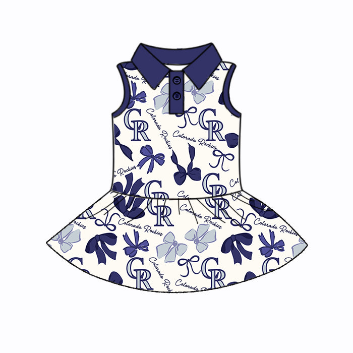 Preorder (moq 5)Baby Girls Hot Blue Sleeveless Bows Plaid CR Button Team Knee Length Dresses