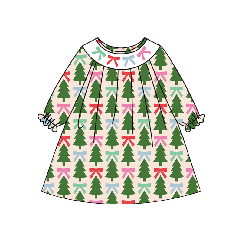 Preorder (moq 5)Baby Girls Long Ruffle Sleeves Bows Trees Plaid Knee Length Dresses