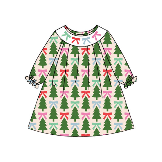 Preorder (moq 5)Baby Girls Long Ruffle Sleeves Bows Trees Plaid Knee Length Dresses