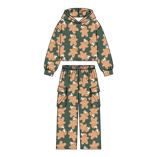 Preorder (moq 5)Baby Girls Bows Gingerbread Hoodie Pockets Pants Christmas Clothes Sets