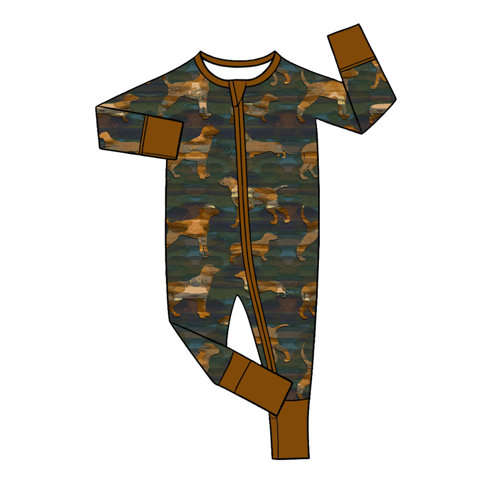 Preorder (moq 5) Baby Boy Clothes Dark Green Hunting Dog Print Long Sleeve Zipper Romper