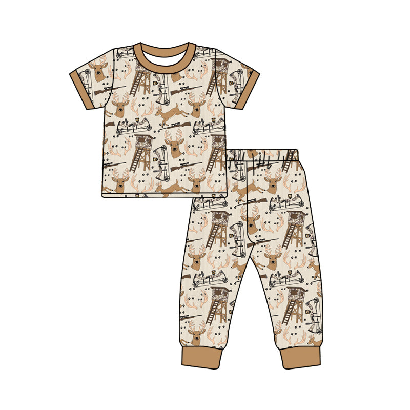 Preorder (moq 5)Baby Boys Short Sleeves Khaki Deer Hunting Top Pant Pajamas Set