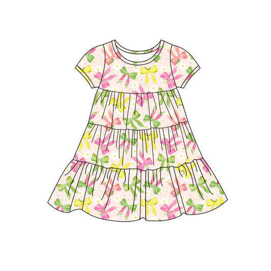 Preorder(moq 5) Baby Girls Colorful Bows Patchwork Ruffle Knee Length Dresses