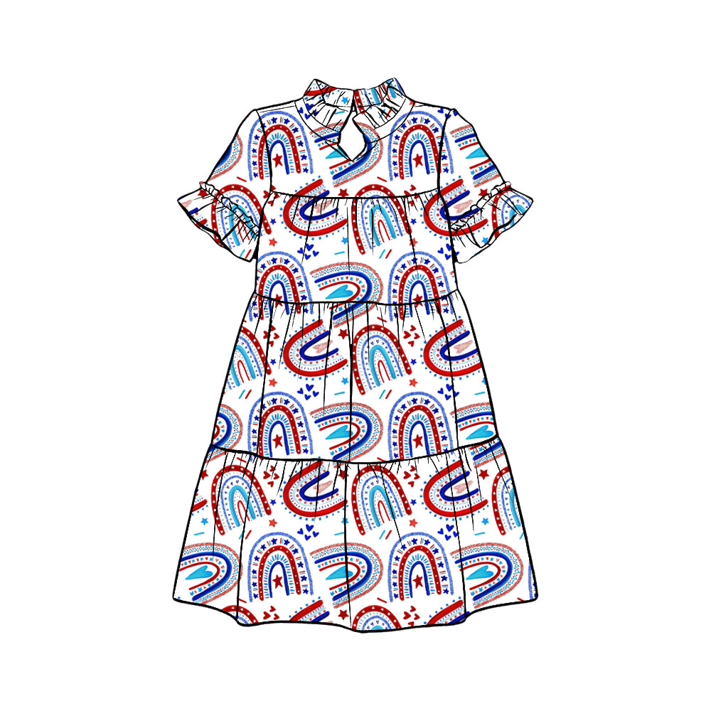 Preorder (moq 5)Baby Girls Rainbow Star Hearts 4th of July Patchwork Knee Length Dresses