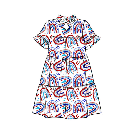 Preorder (moq 5)Baby Girls Rainbow Star Hearts 4th of July Patchwork Knee Length Dresses