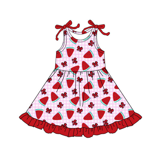 Baby Girls Pink Checked Bows Strawberry Ruffle Knee Length Dresses Preorder