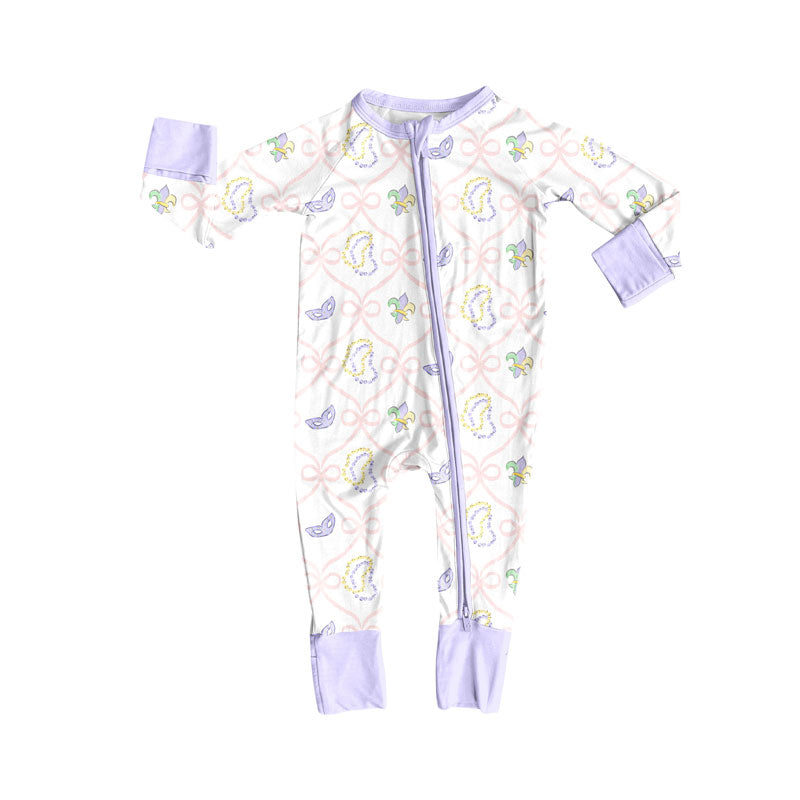 Preorder (moq 5)Baby Girls Bows Masks Checked Mardigras Zipper Footie Rompers