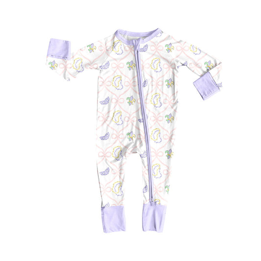 Preorder (moq 5)Baby Girls Bows Masks Checked Mardigras Zipper Footie Rompers