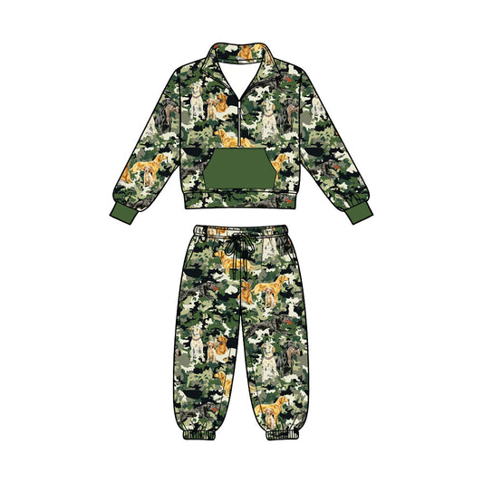 Preorder (moq 5)Baby Boys Dogs Ducks Camo Zip Pocket Pullover Joggers Hunting Clothes Set
