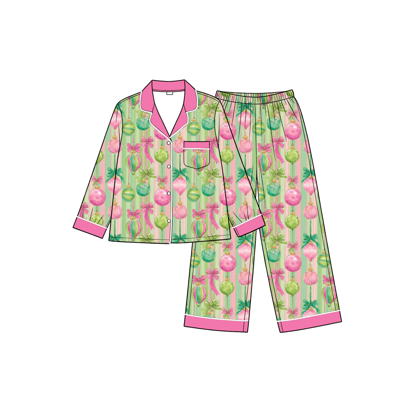 Preorder (moq5)  Girls Christmas Bow Print 2-Piece Soft Long Sleeve Pants Side Stripe Holiday Loungewear  Set
