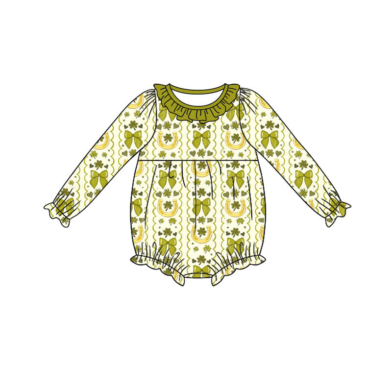 Preorder (moq 5) Baby Girl Clothes St Patrick's Day Horseshoe Clover Bow Striped Print Long Sleeve Ruffle Bubble Romper