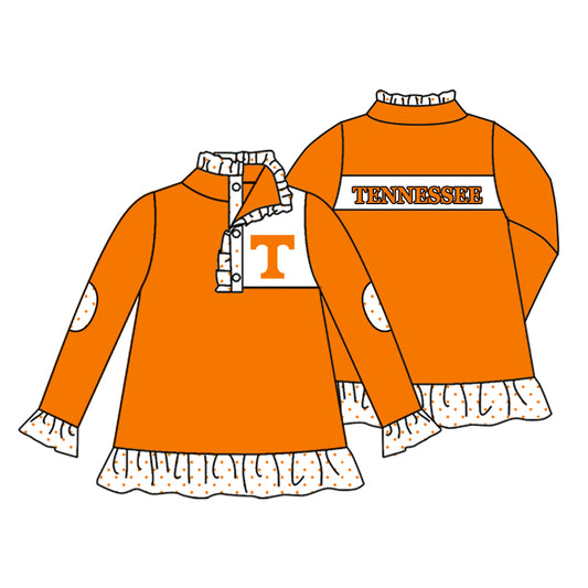 Preorder (moq 5)Baby Girls Orange Long Sleeve Tennessee Button Ruffle Team Pullovers Top