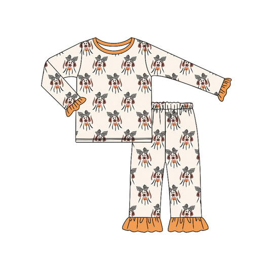 Preorder (moq 5)Baby Girls Long Ruffle Sleeves Bows Dogs Top Pant Pajamas Set