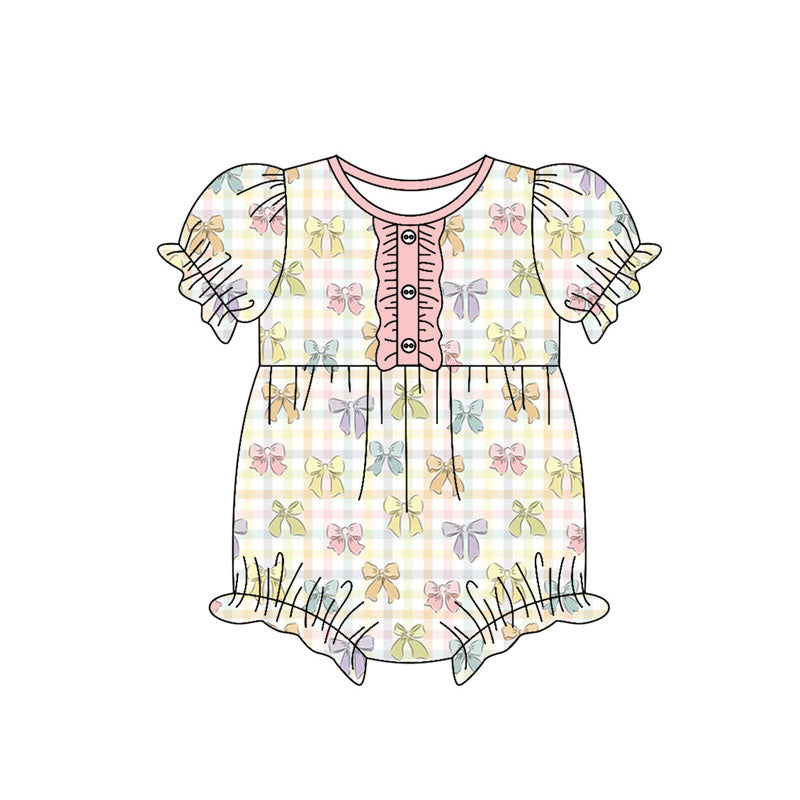 Preorder(moq 8)Baby Girls Colorful Checked Bows Button Ruffle Rompers