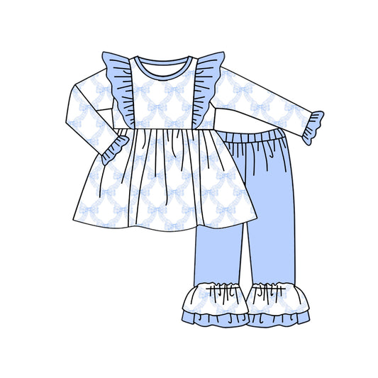Preorder (moq 5)Baby Girls Long Sleeves Blue Bows Plaid Tunic Ruffle Pant Set