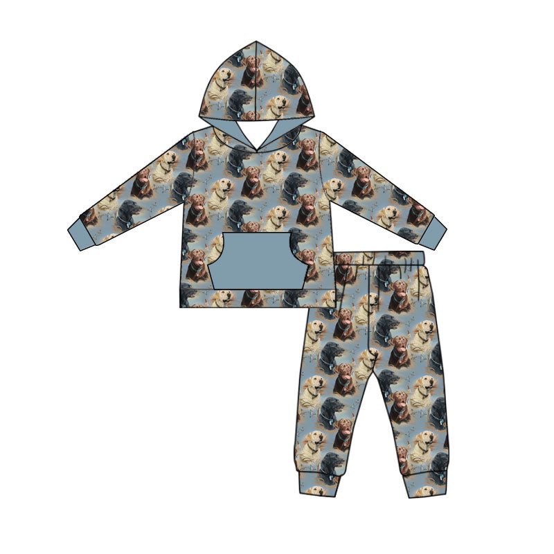 Preorder (moq 5)Baby Boys Dogs Pocket Hoodies Top Jogger Pants Hunting Clothes Set