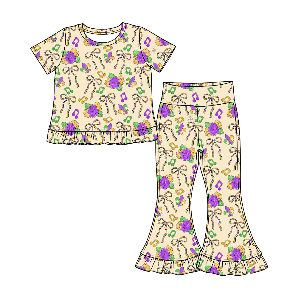Preorder(moq 5) Girls Ruffle Short Sleeve Top & Ruffle Flare Pants Set Kids Two‑Piece Casual Outfit Set