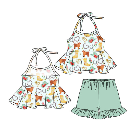 Preorder (moq 5)Baby Girls Strap Highland Cows Hats Tunic Aqua Ruffle Short Sets