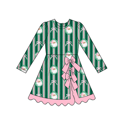 Preorder (moq 5) Baby Girl Clothes Christmas Santa Stripe Bow Mixed Print Long Sleeve A Line Dress