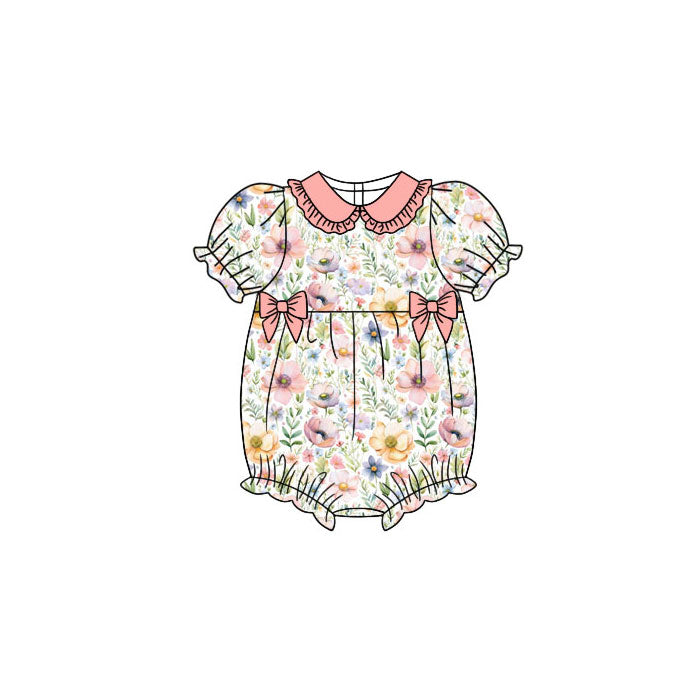 Preorder (moq 5)Baby Girls Short Sleeve Colorful Floral Bows Collar Ruffle Rompers