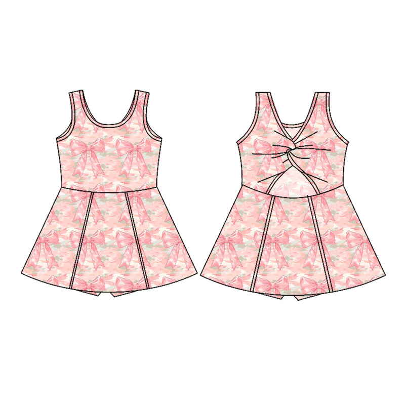 Preorder (moq 5)Baby Girls Sleeveless Peach Camo Bows Plaid Shorts Yoga Knee Length Dresses