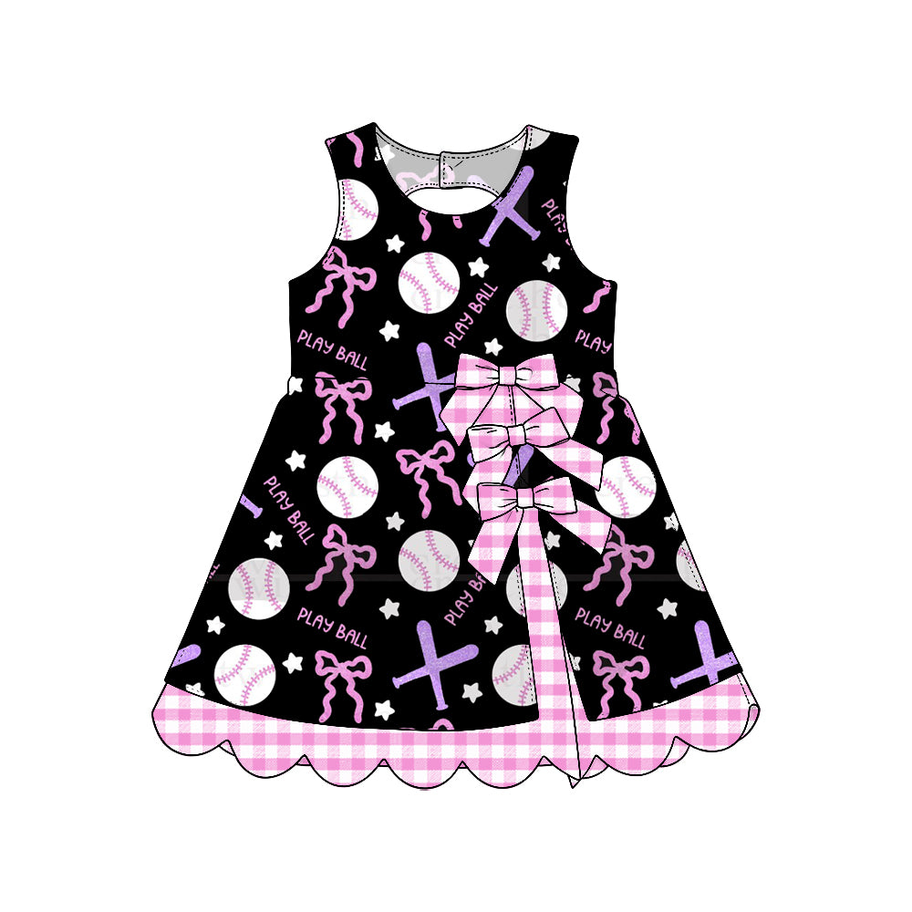 Preorder (moq 5) Baby Girl Clothes Play Ball Baseball Bow Star Mixed Print Sleeveless Dress