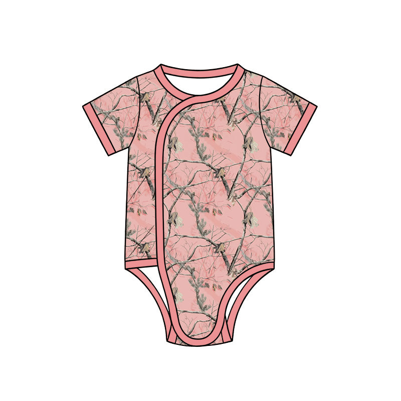 Preorder (moq 5) Baby Girl Clothes Soft Pink Forest Branch Camo Print Short Sleeve Side Snap Romper