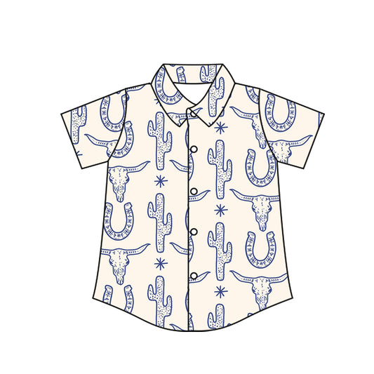 Preorder moq 10 Baby Boys Short Sleeves Blue Bull Skull Cactus Button Shirts Top