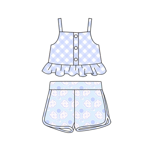Preorder (moq 5)Baby Girls Blue Checkered Straps Top Tennise Shorts Clothes Sets