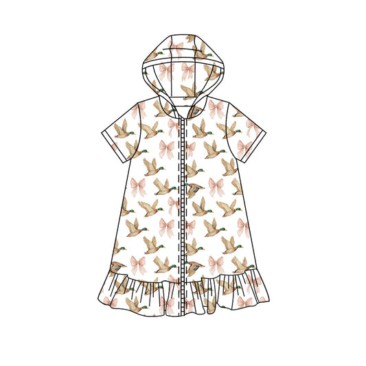 Preorder moq 5 Baby Girls Short Sleeve Pink Bows Ducks Fall Zip Ruffle Knee Length Dresses