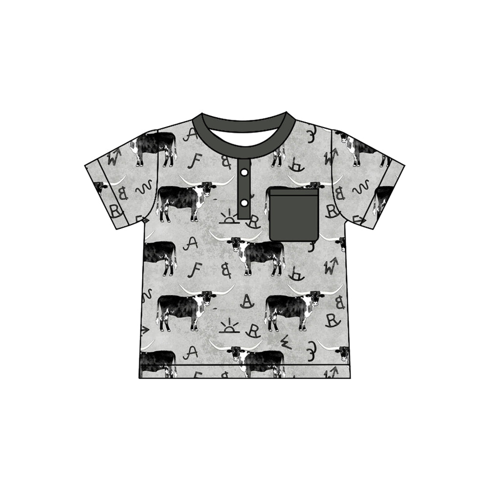 Preorder(moq 5) Baby Boys Grey Cows Button Pocket Western Polo Shirts Top