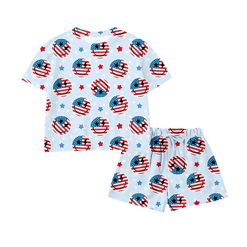 Preorder moq 5 Baby Girls Flag Smiles Stars Top Short 4th of July Clothes Set