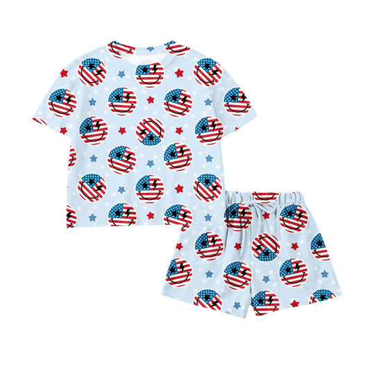 Preorder moq 5 Baby Girls Flag Smiles Stars Top Short 4th of July Clothes Set
