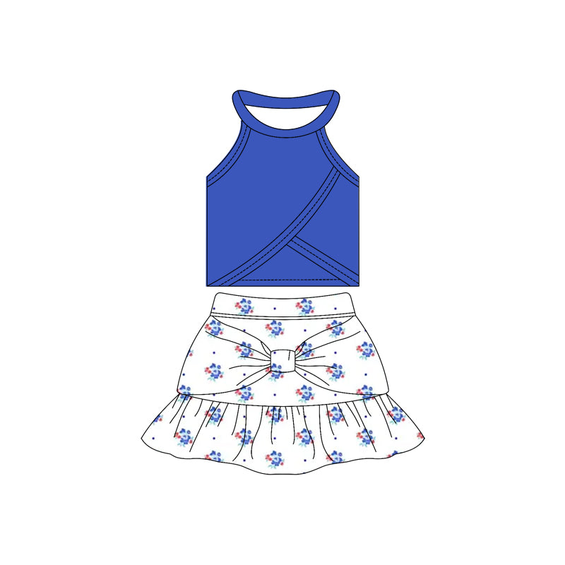 Preorder moq 10 Baby Girls Sleeveless Hot Blue Vest Top Flowers Polka Dots Bow Ruffle Short Skirts Activity Wear Yoga Set