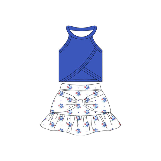 Preorder moq 10 Baby Girls Sleeveless Hot Blue Vest Top Flowers Polka Dots Bow Ruffle Short Skirts Activity Wear Yoga Set