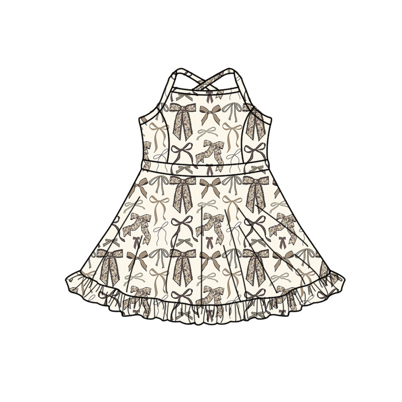 Preorder (moq 5)Baby Girls Strap Grey Camo Bows Shorts Ruffle Knee Length Dresses