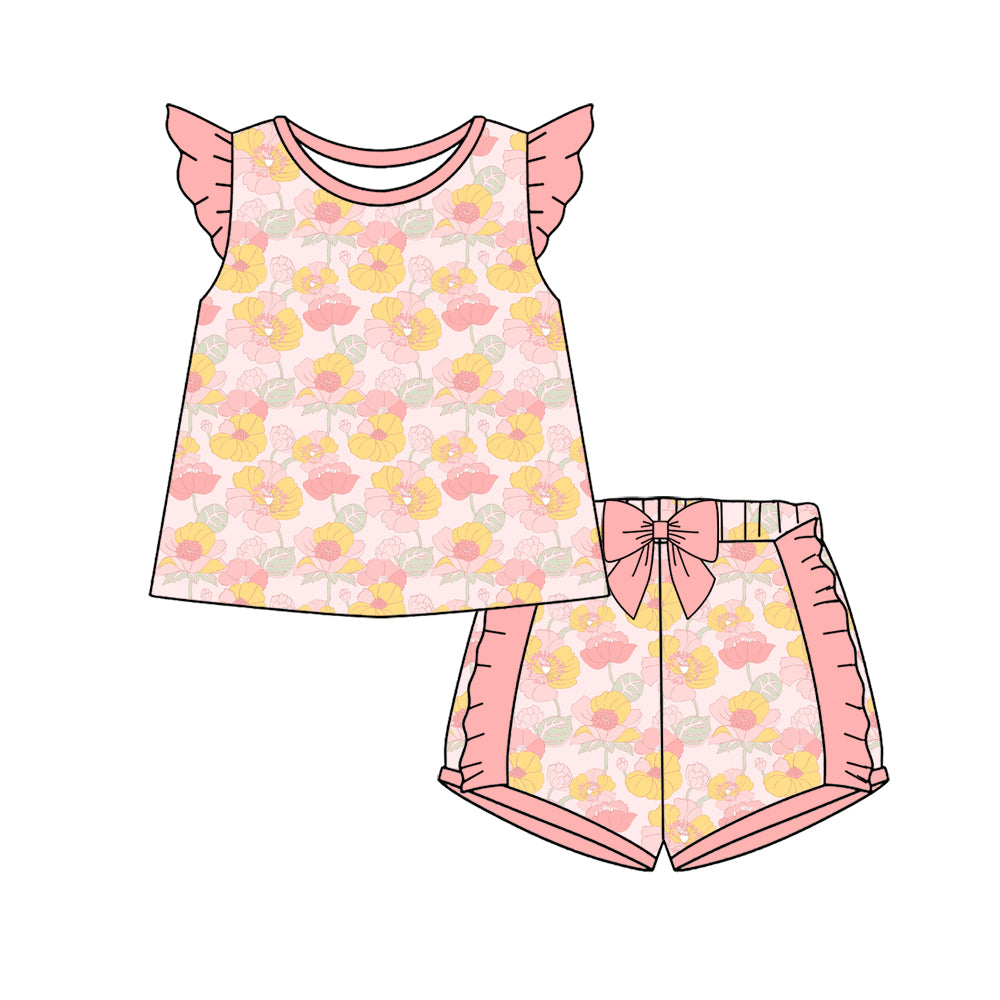 Preorder (moq 5)Baby Girls Flutter Sleeve Colorful Flowers Tunic Ruffle Short Clothes Sets