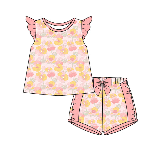 Preorder (moq 5)Baby Girls Flutter Sleeve Colorful Flowers Tunic Ruffle Short Clothes Sets