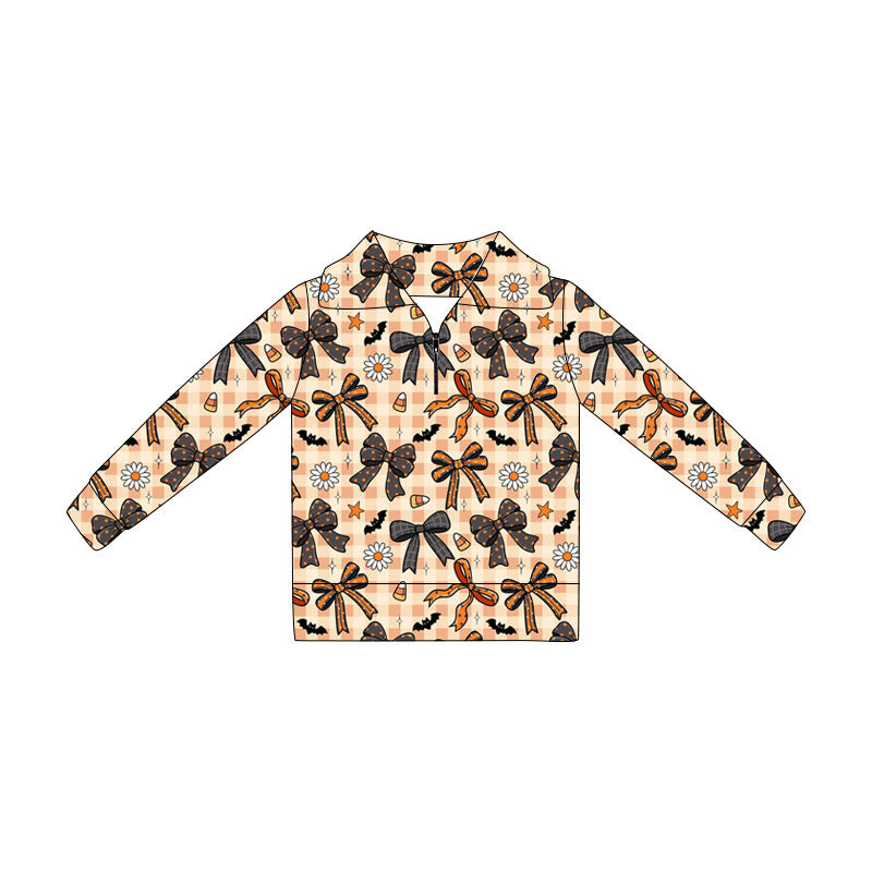 Preorder (moq 5)Baby Girls Long Sleeve Bat Bows Checked Halloween Zip Pullovers Top