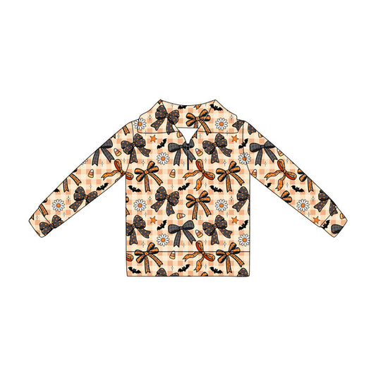 Preorder (moq 5)Baby Girls Long Sleeve Bat Bows Checked Halloween Zip Pullovers Top