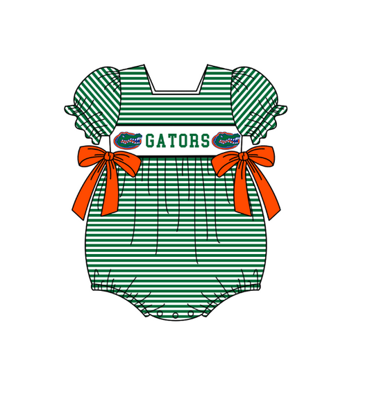 preorder(moq 5) Baby Girls Green Short Sleeve Gators Team Stripe Ruffle Rompers