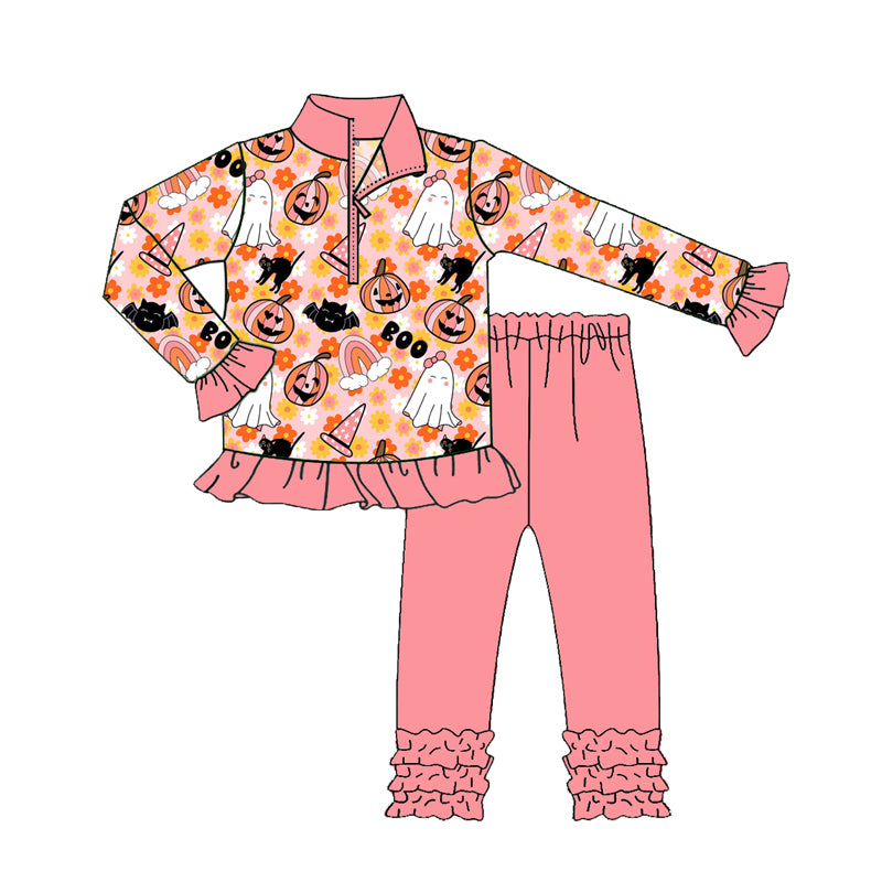 preorder(moq 5) Baby Girls Long Sleeves Flowers Ghost Pumpkins Zipper Top Legging Pants Set