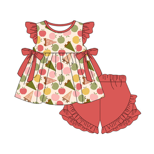 Preorder (moq 5)Baby Girls Flowers Apples Tunic Ruffle Shorts Back to School Clothes Set