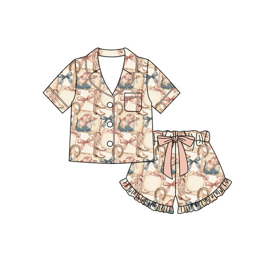 Preorder (moq 5)Baby Girls Bows Boots Button Pocket Top Ruffle Shorts Western Pajamas Sets