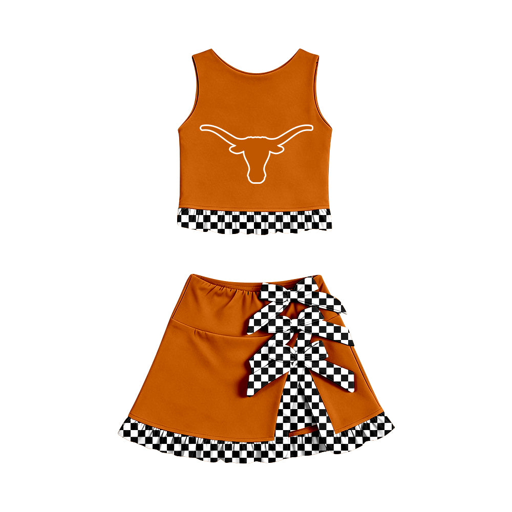Preorder(moq 5)Baby Girls Longhorns Vest Top Bows Skirt Short Team Clothes Sets